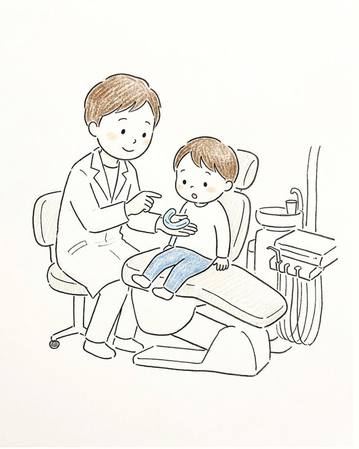 歯科医師がマウスピース型の装置を見せながら子どもに説明しているイラスト